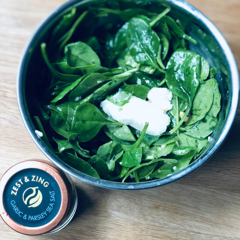 spinach salad with garlic and parsley sea salt